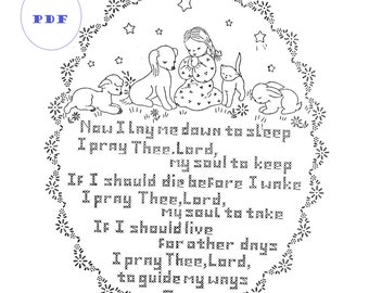 May include: Black and white illustration of a girl kneeling with her hands clasped in prayer. She is surrounded by a lamb, a dog, and a rabbit. The illustration is framed by a circle of stars and flowers. The text reads: "Now I lay me down to sleep, I pray Thee, Lord, my soul to keep. If I should die before I wake, I pray Thee, Lord, my soul to take. If I should live for other days, I pray Thee, Lord, to guide my ways. Amen."