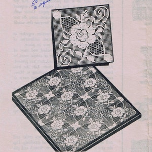 May include: Two black and white crochet patterns for a square. The top pattern is a single rose with leaves. The bottom pattern is a repeating pattern of roses with leaves.