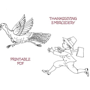 Könnte beinhalten: Schwarz-weiß-Zeichnung eines Pilgers, der mit einer Axt rennt, und eines Truthahns, der davonfliegt. Der Text "THANKSGIVING EMBROIDERY" befindet sich über dem Bild und "PRINTABLE PDF" darunter.