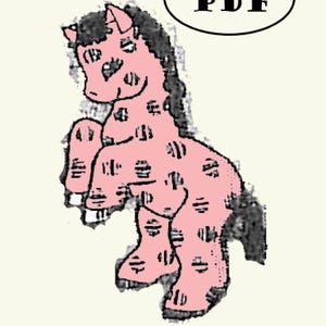 May include: A pink and black cartoon horse with a black mane and tail. The horse is standing on its hind legs and has a black and white patterned body. The word "PDF" is written in a black oval above the horse.