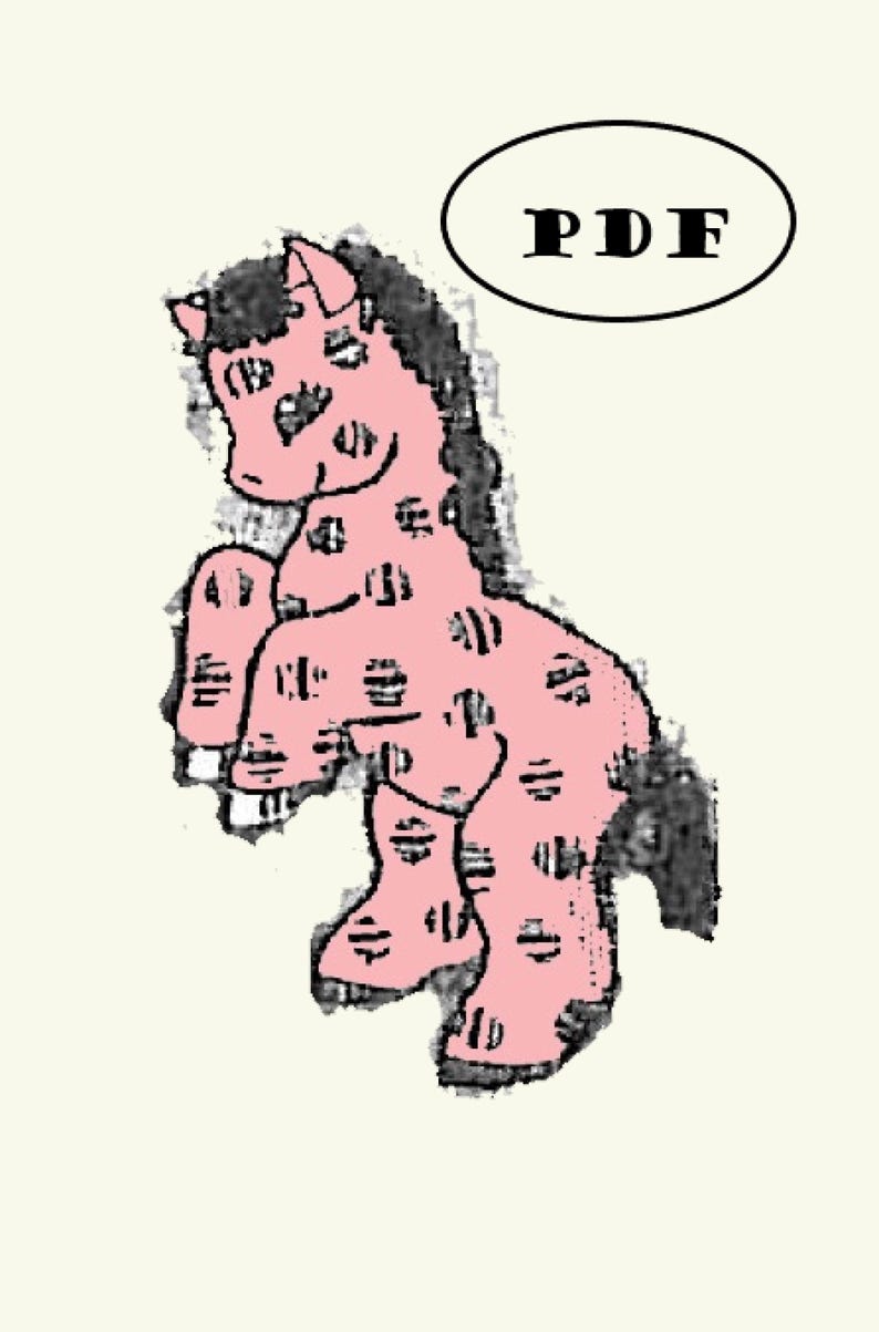 May include: A pink and black cartoon horse with a black mane and tail. The horse is standing on its hind legs and has a black and white patterned body. The word "PDF" is written in a black oval above the horse.