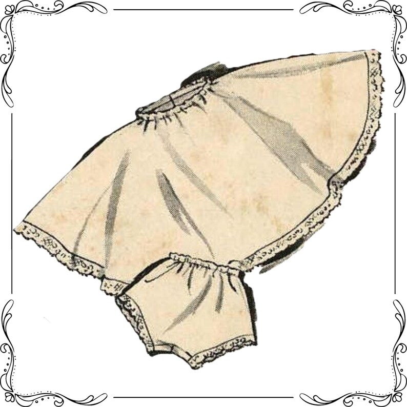 May include: A vintage illustration of a white cotton undergarment with lace trim. The garment is a combination of a skirt and a pair of bloomers.