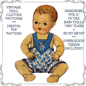 May include: Vintage doll clothes pattern for 11 inch Dy Dee baby dolls and Tiny Tears dolls. The pattern includes a blue and white gingham overall with a bird embroidery design. The pattern is a digital PDF download.