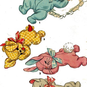 Digital - 1950s Toy Pattern - Sleeping Stuffed Animals & Baby doll - 4941  Baby Puppy Bunny Kitten all 14" Easy to Make Safe for Baby