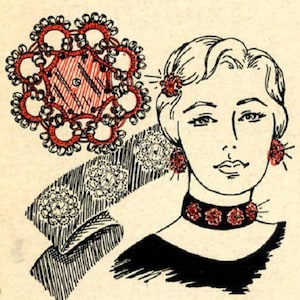 May include: A black and white illustration of a woman wearing a red and white crocheted necklace and earrings. The woman has short, wavy hair and is wearing a black dress.