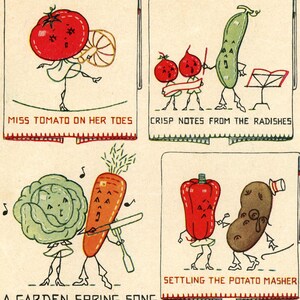 May include: A vintage illustration of a garden spring song with vegetables playing musical instruments. A red tomato with a white dress dances on her toes, a green radish plays a violin, a carrot plays a trumpet, a red pepper plays a piano, and a brown potato plays a drum.