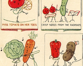 Digitales Hand Stickmuster 349 Fräulein Tomato auf den Zehen Ein Garten Frühlingslied Animiertes Anthropomorphes Gemüse für Küchen Handtücher