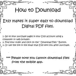 May include: Black and white text on a white background with a decorative border. The text explains how to download digital PDF files from Etsy. It states that Etsy makes it easy to download digital PDF files and provides three steps to download the files. The text also notes that files cannot be downloaded from the mobile app.