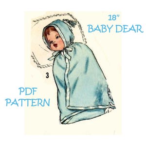 May include: A vintage sewing pattern for an 18 inch baby doll. The pattern is for a blue hooded baby doll outfit with a white trim. The pattern is called "Baby Dear" and is a PDF download.