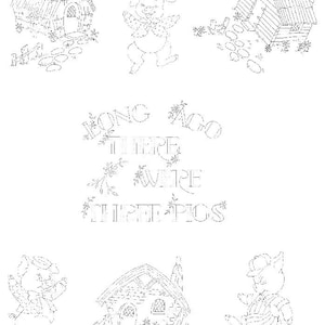 May include: Black and white illustration of three pigs and three houses. The text "Long ago there were three pigs" is written in the centre of the image.