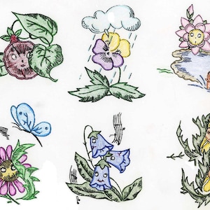 Animated Flowers for Dish Towels Vintage Hand Embroidery 1960s in PDF format Instant Download
