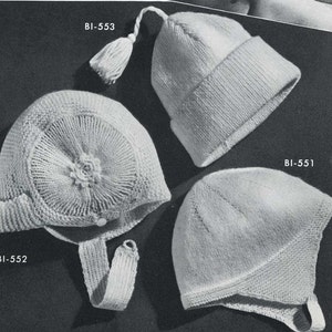 Vintage Knitting PATTERN B1 553 Three Baby Hats  1950s PDF file instant download