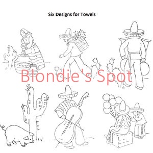 May include: Six black and white illustrations of Mexican-themed designs for towels. The designs include a woman making tortillas, a man carrying a basket of flowers, a man playing a cello, a man selling balloons, a man with a pig, and a cactus.