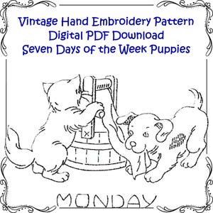 Vintage Hand Embroidery PATTERN 1918 Puppy & Kitten or Dogs Cats Days of the Week Kitchen Towels Instant PDF Download