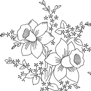 Peut inclure: Un dessin au trait noir et blanc d'un bouquet de jonquilles avec de petites fleurs et des feuilles.