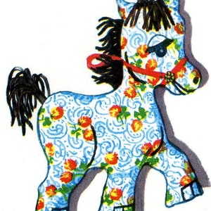 May include: A blue and white patterned toy horse with a red bridle and black mane and tail.