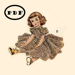 May include: A vintage illustration of a girl doll wearing a brown and white gingham dress with a white collar and short sleeves. The doll is sitting with her legs crossed and her hands in her lap. The doll has brown hair and blue eyes.