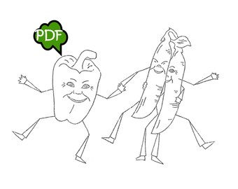 May include: A black and white line drawing of a cartoon pepper and two peas dancing. The pepper has a wide smile and the peas are holding onto each other.