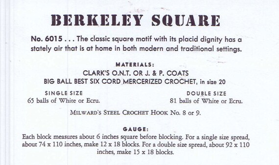 Vintage Crochet PATTERN for Bedspread 6015 Berkeley Square Motif 6