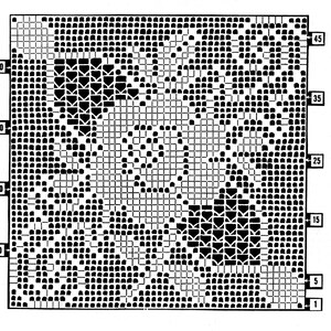 Op de afbeelding: Zwart-wit patroon met een raster van kleine vierkanten. Het patroon is symmetrisch en heeft een herhalend ontwerp van cirkels en stippen. Het patroon is langs de zijkanten genummerd.