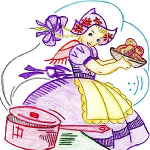 Digital Hand Embroidery PATTERN 120 Dutch Girls for 6 Kitchen Towels1940s PDF file Instant Download