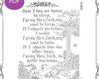 Now I Lay me Down to Sleep Wall Panel - DIY Hand Embroidery - DIGITAL PDF file - A Farm picture with a Little Boy & Dog laying under a tree