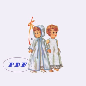 May include: A vintage sewing pattern for making doll clothes. The pattern includes instructions for making a nightgown and a robe for a doll. The pattern is illustrated with two dolls wearing the finished garments. The pattern is labeled "PDF".