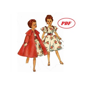 May include: A vintage sewing pattern for a dress and coat for a doll. The pattern is illustrated with two dolls wearing the garments. The doll on the left is wearing a red coat over a floral dress. The doll on the right is wearing a white floral dress with a red belt. The pattern is labeled "PDF".