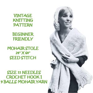 Modello retrò per maglia per donna in stile boho, stola in mohair - PDF stampabile da scaricare - Adatto ai principianti, frangia all&#39;uncinetto a punto seme da 24&quot; X 63&quot;