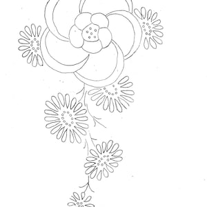May include: A black and white line drawing of a floral design with multiple flowers and leaves.