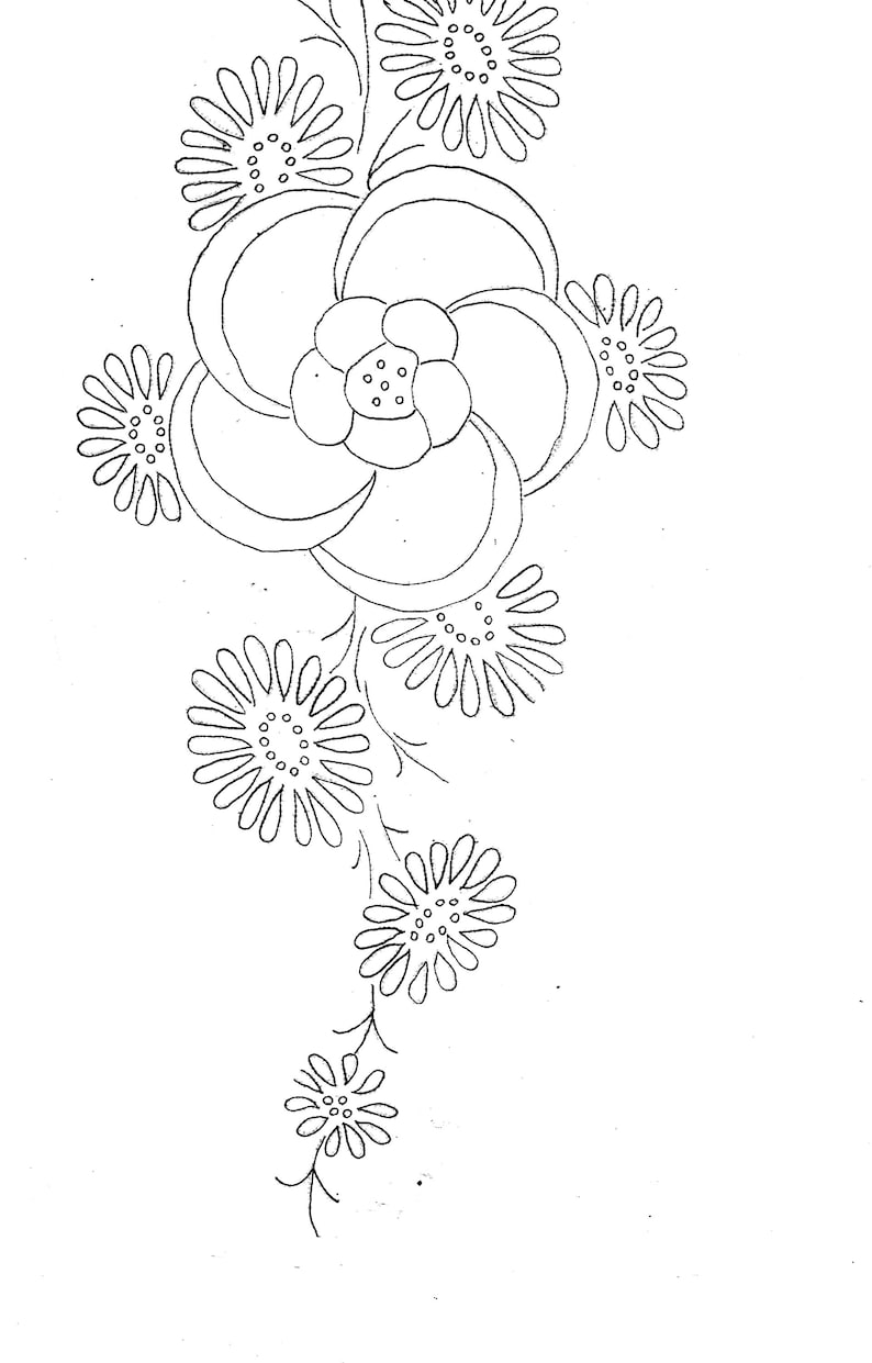 May include: A black and white line drawing of a floral design with multiple flowers and leaves.