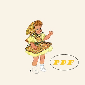 May include: A vintage doll dress pattern in PDF format. The pattern features a yellow and floral print dress with a matching bonnet. The pattern is for a doll that is approximately 18 inches tall.