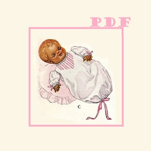 May include: A vintage illustration of a baby wearing a white gown with pink trim and a pink bow. The baby is lying on a pink pillow with a ruffled edge. The illustration is in a pink frame with the word "PDF" in pink letters at the top.