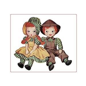 Vintage/Retro trasdocka Pojke Flicka Mönster - DIGITALT format PDF-fil 1158 Sue 18" & Sam 19" Klädmönster inkluderade kjol förkläde overall