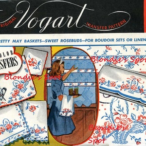 Digital Hand Embroidery Vogart 124 All Color May Baskets & Sweet Rose Buds for edges of a China Hutch, Curtains, Aprons, Tablecloth, Cases