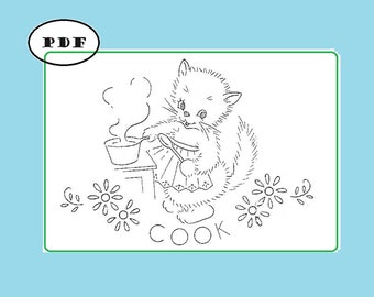 Retro handborduurwerk 2-937 - Seven Busy Kittens voor keukenhanddoeken - Bloemmotieven voor pannenlappen en gordijnen - afdrukbare pdf-download
