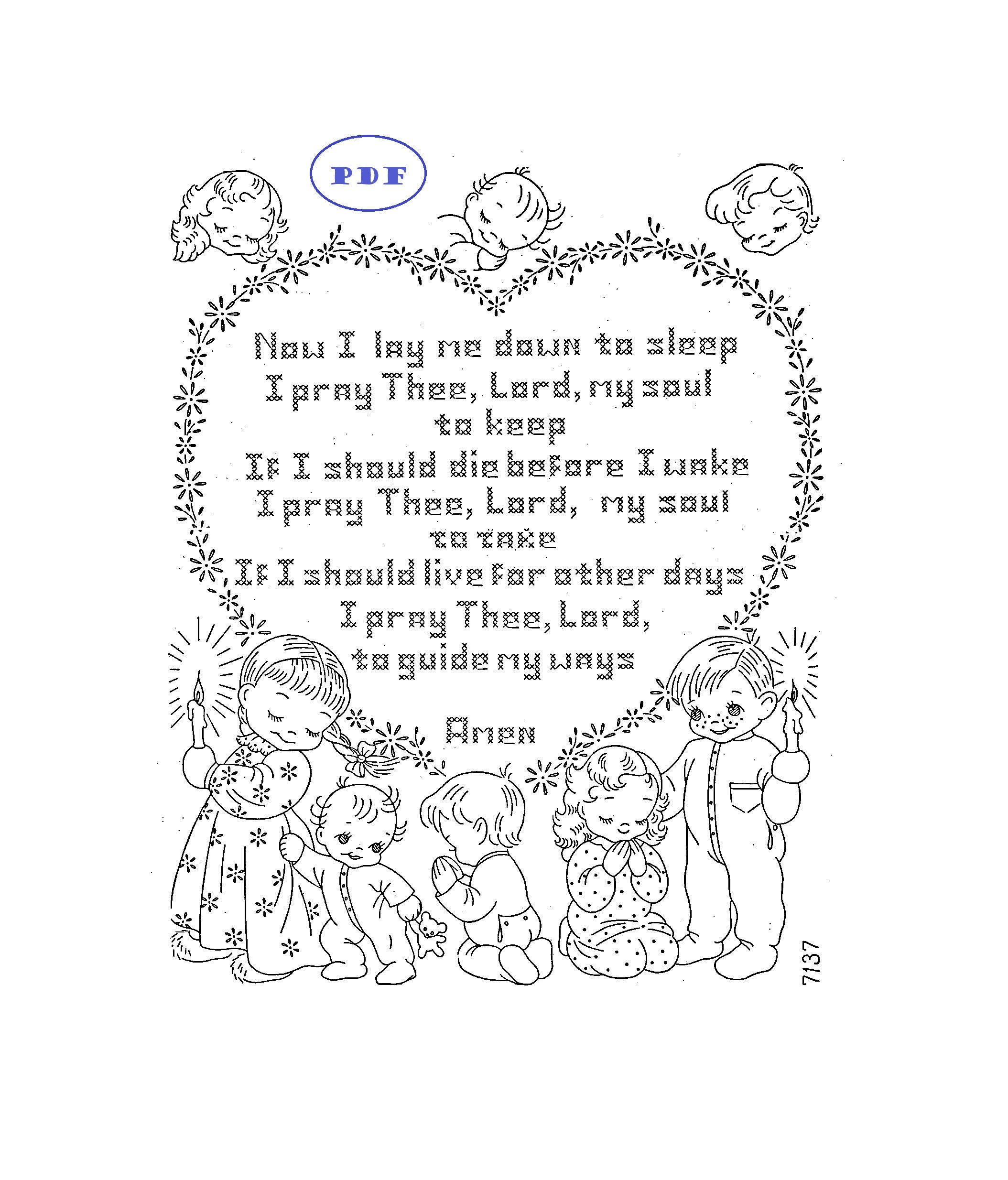 Vintage Hand Embroidery pattern 7137 Now I Lay Me Down to Sleep Child's prayer - Nursery in a Printable PDF Download Wall Hanging or Quilt
