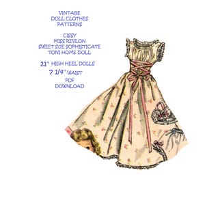 May include: Vintage doll clothes pattern for 21 inch high heel dolls with a 7 1/4 inch waist. The pattern is for a white dress with pink floral print and a pink ribbon.