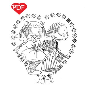 Valentine&#39;s Day Embroidery Patterns, Puppies in Love, Digital PDF Download, DIY Dish Towels, Wall Art, Kitchen Decor for her, Mom & Grandma