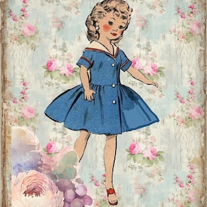 May include: A vintage illustration of a young girl wearing a blue dress with a white collar and red shoes. The background is a light blue and white floral pattern.
