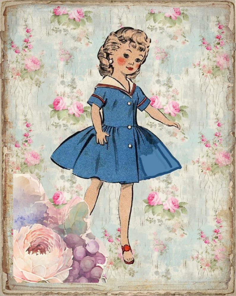 May include: A vintage illustration of a young girl wearing a blue dress with a white collar and red shoes. The background is a light blue and white floral pattern.