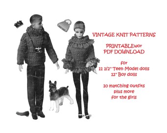 May include: Vintage knit patterns for 11 1/2 inch Teen Model dolls and 12 inch Boy dolls.  Printable PDF download includes 10 matching outfits plus more for girls.