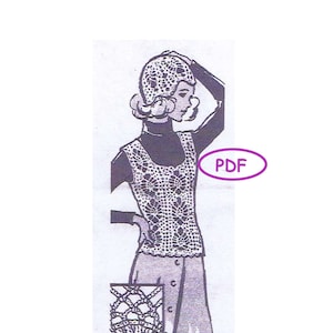 May include: A black and white illustration of a woman wearing a crocheted vest and hat. The vest has a floral pattern. The text "PDF" is written in a purple circle.