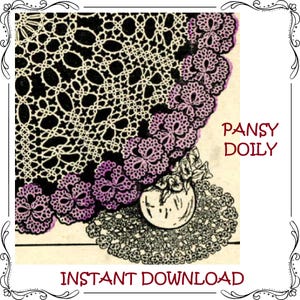 ヴィンテージタティングパターンPDF - タティングパンジードイリー 16.5インチ - すぐにダウンロード - 30番糸使用 - コテージコアハンドメイドギフト - シャビーシックなインテリア