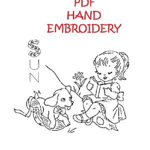 Handbroderiöverföring 422 Liten flicka gör dagliga sysslor i köket för diskhanddukar i digitalt PDF-format direktnedladdning