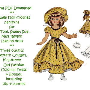 Pode incluir: Padrões de roupas de boneca vintage para bonecas de 14" Toni, Sweet Sue e Miss Revlon. Três trajes incluídos: Cowgirl do oeste, majorette e vestido colonial antigo com chapéu, saia e calcinhas.