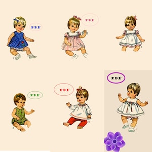 Puede incluir: Patrones de ropa de muñecas vintage. La imagen muestra seis ilustraciones de muñecas con diferentes atuendos. Los atuendos incluyen vestidos, peleles y tops con pantalones. Cada muñeca tiene un lazo en el pelo. La palabra "PDF" está escrita encima de cada muñeca.