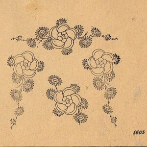 May include: A black and white line drawing of a floral design with a repeating pattern of flowers and leaves. The design is on a beige background. The number 1603 is written in the bottom right corner.
