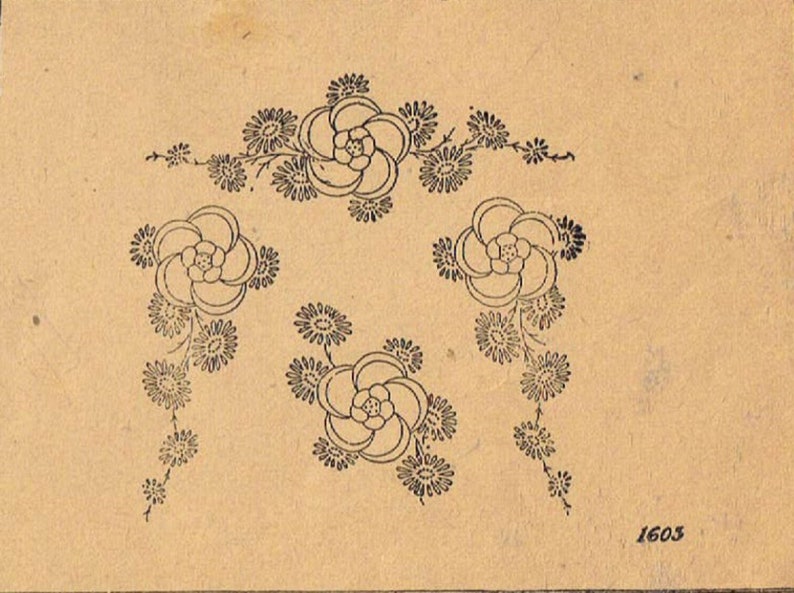 May include: A black and white line drawing of a floral design with a repeating pattern of flowers and leaves. The design is on a beige background. The number 1603 is written in the bottom right corner.