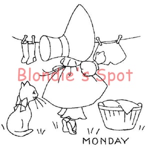Digital Hand Embroidery transfer 40's Sunbonnet Girls 668 Days of the Week Dish Towels - Monday Wash - Tuesday ironing - Wednesday mending